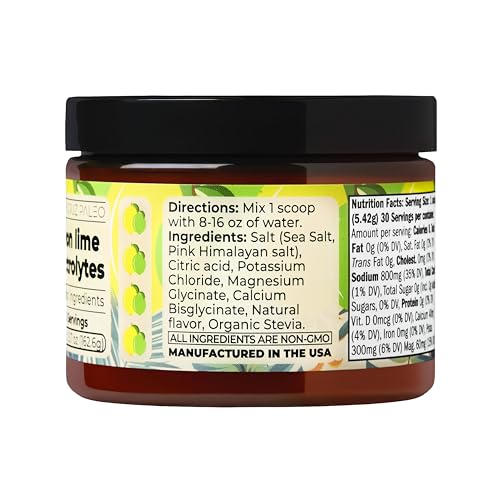 Santa Cruz Paleo Electrolyte Powder, Lemon Lime Flavor, Sugar Free Hydration Drink Mix with Himalayan Pink Salt, Sea Salt, Magnesium Glycinate, Potassium Chloride, Sweetened with Stevia, 30 Servings
