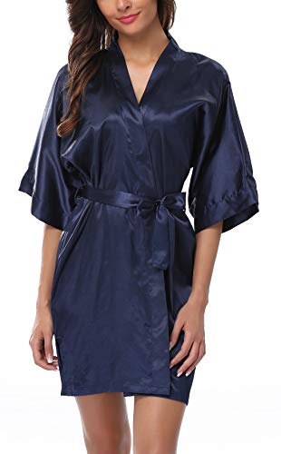 FADSHOW Women's Pure Color V Neck Kimono Robes Soft Bathrobes,Navy,Medium