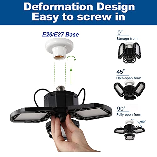 LED Garage Light 60W Garage Lighting, 6000LM 6500K LED Ceiling Light Fixture, E27/E26 Base Ceiling Light with 3 Deformable Adjustable Panels for Shop Workshop Barn Basement Warehouse Factory (1-Pack)