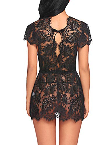 ADOME Dessous Damen Sexy Unterwäsche Set Reizwäsche Negligee V-Ausschnitt Nachtkleid Spitze Nachthemd Sleepwear Kleid – Bild 6