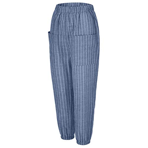 Botrong Women Striped High Waist Cotton and Linen Long Pants Casual Beach Trousers Blue - Thumbnail 5
