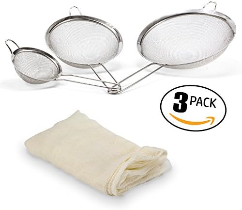 Fine Mesh Stainless Steel Strainer Set: 3 Food Strainers with Handles for Kitchen, Tea, Rice, Juice, and Other Uses plus Cheesecloth Bag