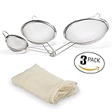 Fine Mesh Stainless Steel Strainer Set: 3 Food Strainers with Handles for Kitchen, Tea, Rice, Juice, and Other Uses plus Cheesecloth Bag