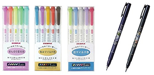 Zebra Mildliner 15 Color Full Set & Tombow Fudenosuke Brush Pen - Hard Type x 1 & Soft Type x 1 / Value set with an Original Paperclip