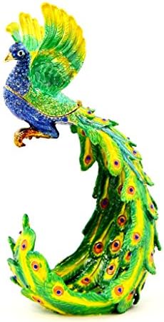 Ciel Collectables Large Flying Peacock Trinket Box, Swarovski Crystal, Hand Painted Green Blue Enamel Over Pewter, Inside of Box with Lovely Enamel, L 5.50 x H 9.50 x W 4.00