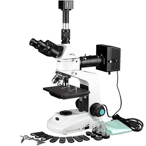 AmScope ME320T-PZ-8M Digital Polarizing Trinocular Metallurgical Microscope, WF10x Eyepieces, 50X-500X Magnification, 30W Halogen Illumination with Rheostat, Double-Layer Mechanical Stage, Sliding Head, High-Resolution Optics, 90-240V, Includes 8MP Camera