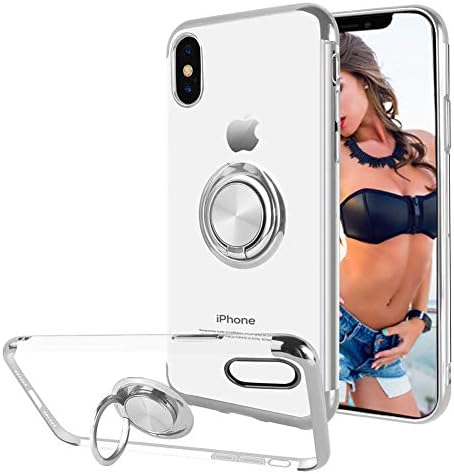 Cute Cover for iPhone XR Cases Clear Thin Soft TPU Case Built Magnetic Kickstand Ring Holder-Silver
