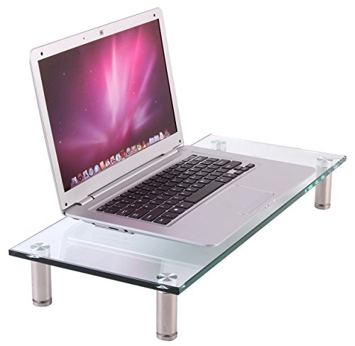Husky Mounts Computer Monitor Riser Desktop Monitor Stand 22 X 9.5 Inch Thick Tempered Clear Plate Glass. 3"- 3 3/4" Adjustable Height Aluminum Legs Desk Shelf Laptop TV Riser Elegant Modern Design. - Thumbnail 5