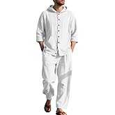 TAFLE Men's 2 Pieces Cotton Linen Set Casual Long Sleeve Henley Shirts Beach Yoga Pants Summer Outfits