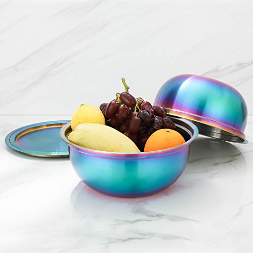 Rainbow Mixing Bowl Set of 2 with Lid 18/10 Stainless Steel Salad Bowl for Kitchen Cooking, Baking, Food Prep, Nesting Bowls With cover for Fridge Metal Storage cookware 2.6, 3.2 Liter Dishwasher Safe - Thumbnail 6