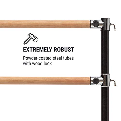 Klarfit Barre Anna • Double Ballet Bar • Free-Standing • 43 x 44 inches • 2 x 1.5 inches Ø • Powder-Coated Steel Tubes with Wooden Look • Suitable for Numerous Stretch and Movement Exercises • Black