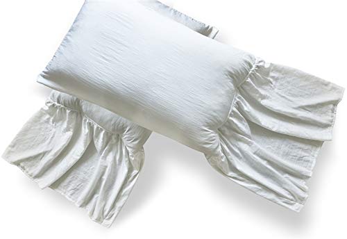 Moowoo Vintage Farmhouse Bedding, 3 Pieces Ruffle Duvet Cover Set 100% Washed Microfiber Romantic Mermaid Tail French Country Style Duvet Cover with Ties (White, King)