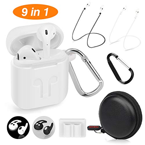 Cuauco AirPods Case Protective Silicone Cover with 2 Anti-Lost Airpods Strap/2 Pairs of Ear Hooks/2 Carabiner/1 Airpods Watch Band Holder/1 Headphone Case for Apple Airpods Accessories (9 Pack)(White)