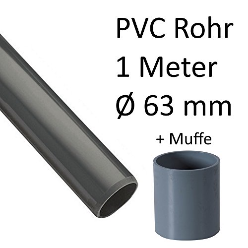 PVC Rohr (B-Ware) mit Rohrmuffe Ø63mm ohne Winkel, Kniestück, Muffen, T-Stück, Kappen Fittings (1m Rohr 63mm + Muffe) – Bild 3