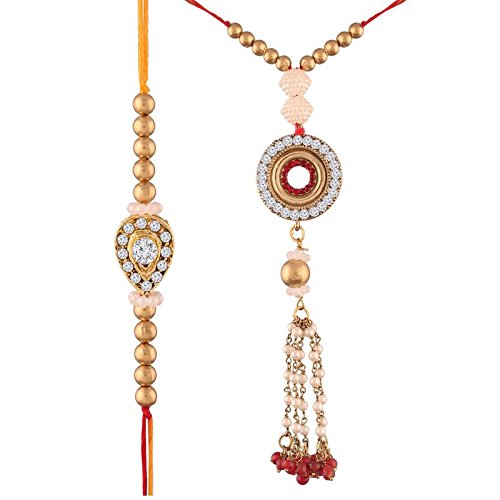 i jewels gold plated stone studded bhaiya bhabhi rakhi set (r615co)