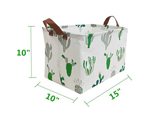 TIBAOLOVER Square Natural Linen & Cotton Fabric Storage Bin Handles organizing Kids Toy/Playroom Organization/Toy Bin/Closet/Shelf Baskets/Baby Hamper (Green and Gray Cactus)