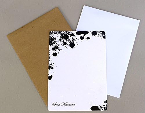Personalized Flat Note Card Set With Envelopes, Black Ink Spots Watercolor Splash, Men's Monogrammed Correspondence Cards
