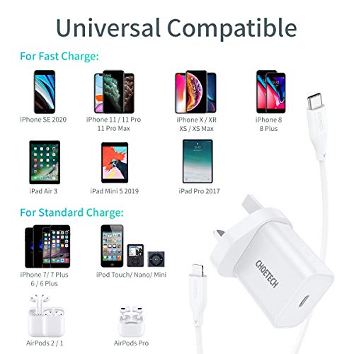 CHOETECH USB C Charger, 18W 3A USB C Wall Charger with Power Delivery 3.0 USB C to Lightning Cable Type C Adapter for iPhone Xs/XS Max/XR/X/8/7/6/Plus,iPad Pro/Air 2/Mini 4 And More