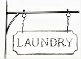 Silvercloud Trading Co. Rustic Hanging Double-Sided Laundry Embossed Black on White Enamel Metal Sign with Bracket - Mudroom Wall Decor - Room Label