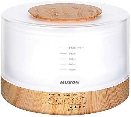【1台4役】MUSON(ムソン) アロマディフューザー 超音波式 加湿器 超静音 500ml大容量 タイマー 空焚き防止 癒し音楽内蔵 安眠グッズ ナイトライト ベッドサイドランプ 電球色/明るさ調整可 乾燥対策 寝室 オフィス 雰囲気作り 木目調 [実用新案登録済み、PSE認証取得、メーカー１年保証] ホワイト