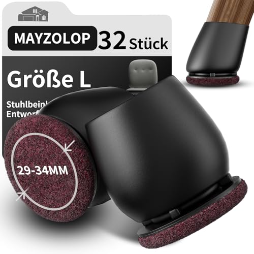 MAYZOLOP 32 Stück Stuhlbeinkappen Schwarz, Ø29-34mm Stuhlbeinkappen Schräge Stuhlbeine mit Filz, Hartholzboden Stuhlbeinschoner Rund, Kein Lärm Kein K