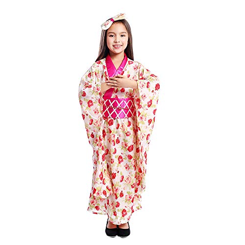 Girl Kimono Dress Japanese Floaral Dress Robe Child Geisha Cosplay Vintage Asia Yukata Kids Costumes (Japanese Kimono, S)