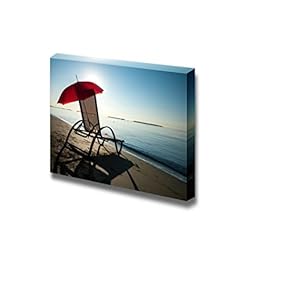 Canvas Prints Wall Art - Tranquil Mediterranean Morning Beach with Red Umbrella and Chair - 12" x 18"