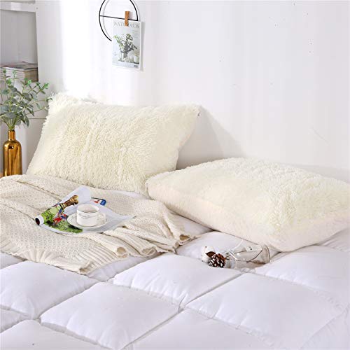 MooWoo Fluffy Pillowcase Standard Size Set of 2, Creamy White, Sherpa Shaggy Pillow Cases Decorative Covers with Zipper, 20"x30"