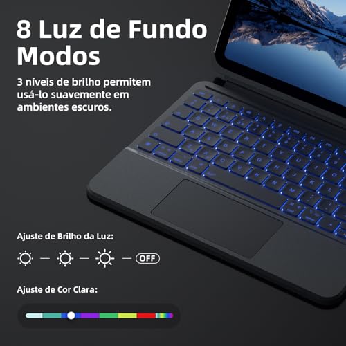 Capa com Teclado para iPad de 11ª Geração A16 (2025) / iPad de 10ª Geração de 10,9" (2022), Teclado Destacável com Touchpad, Retroiluminação de 7 Cores com Layout Português, Cinza