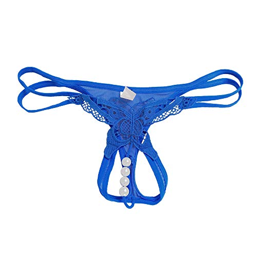 Meiye Sexy Transparent Women's Underwear Open Thong Embroidery Low Waist Pants Pearl Massage T Pants (Blue, 1 Pcs)