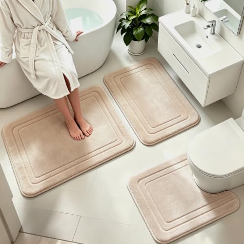 Beige Memory Foam Bath Mat Set 3 Piece, Super Soft & Absorbent