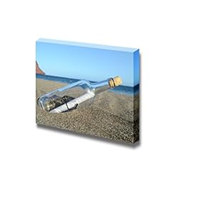 Canvas Prints Wall Art - Message in a Glass Drifting Bottle on The Sand Beach | Modern Wall Decor/Home Decoration Stretched Gallery Canvas Wrap Giclee Print & Ready to Hang - 12" x 18"