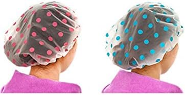 Eaonup Shower Cap - Dot Pattern, elastic band, extra large, large, won’t fall off your head 2Pieces Elastic Waterproof Bath Cap Plastic Bathing Hair Cap Lady Salon Hat