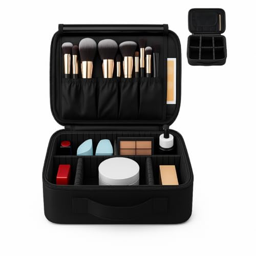 Maleta Necessaire Profissional para Maquiagem 25 x 23 x 10 cm Preta, com Divisórias Ajustáveis Porta Pincéis Impermeável Ideal para Viagem