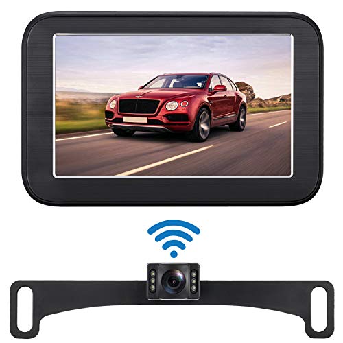 iStrong Backup Camera Wireless 5'' Monitor Kit for Car/SUV/Minivan Waterproof License Plate Rear View Camera with 6 White LED Night Vision Guide Lines ON/Off