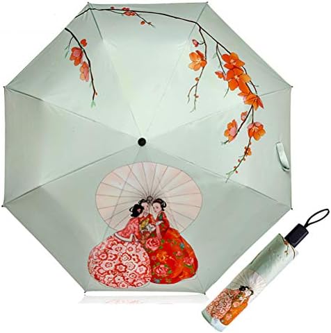 Sun Umbrella Women Folding UV Umbrellas 3D Printed Tripe Silver Glue UPF 50+ 190T 8 Bones Parasols Summer Outdoor Wind Proof Parasol Ladies (Beige)