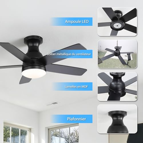 OZENAOS Ceiling Fan with Light, 112 cm (44 Inches), Silent DC Motor, Remote Control, 6 Speed, Timer, 3 Colours of Dimmable, Black, for Living Room, Bedroom