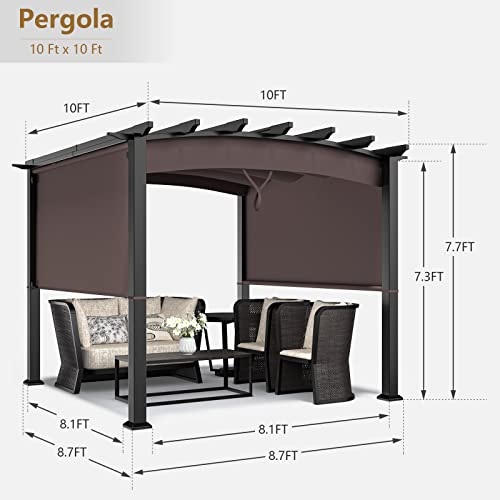 Tangkula 10ft x 10ft Outdoor Retractable Pergola, Patio Metal Pergola with Adjustable Sliding Sun Shade Canopy, Heavy-Duty Steel Frame, Patio Furniture Shelter for Backyard Garden Poolside (Brown) image 18