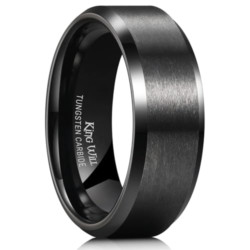 King Will Tungsten Men's Wedding Ring - Available in 6mm to 10mm, Black/Silver, Matte Finish, Beveled Polished Edge, Comfort Fit