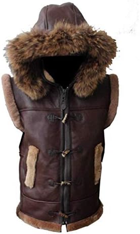 Men’s Aviator RAF B3 Sheepskin Leather Bomber Jacket Real Shearling Hooded Fur Vest