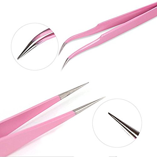 VNDEFUL 2 Pcs Pink Stainless Steel Tweezers for Eyelash Extensions, Straight and Curved Tip Tweezers Nippers, False Lash Application Tools