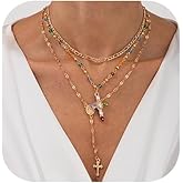 XIAOMOJEW Layered Gold Cross Necklace for Women Long Pearl Cross Pendant Necklace Beaded Crystal Chain Choker Punk Jewelry