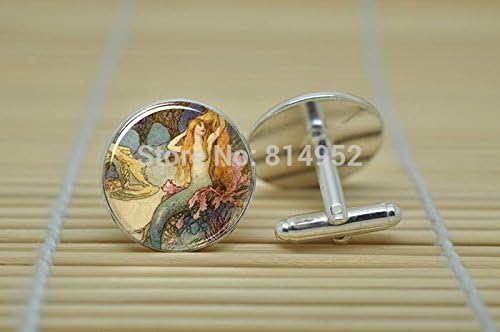 Pretty Lee Mermaid Jewelry Cufflinks Mermaid Charm With Chain Cufflinks In Silver Glass Cabochon Cuff Links C0354