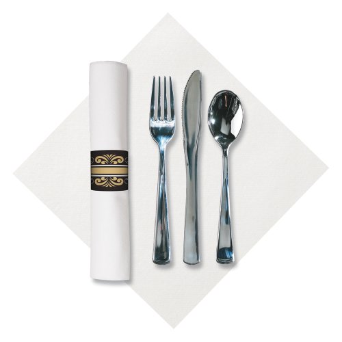 Hoffmaster 119996 Linen-Like Imperial Pre-rolled Dinner Napkin and Heavyweight Metallic Cutlery, Bagged, 17