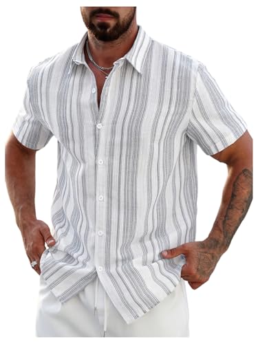 SHENHE Men's Summer Striped Shirt Casual Beach Going Out Shirt White at Amazon
