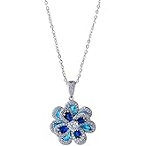 Izpack Rhinestone Camellia Flower Pendant Necklace for Women - Sparkling Crystal CZ Blue Floral Blossom Petal Chain Link 18" Necklaces Delicate Jewelry Birthday Wedding