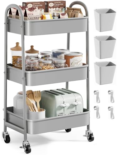 Photo 1 of **FOR PARTS, MISSING PARTS**
Gray 3 Tier Rolling Storage Cart on Wheels, Sturdy Metal Organizer Cart with Wheels and Handle, Three Tiered Utility Carts for Book, Art, Craft, Snack, Cleaning, Kitchen, Easy Assembly, Mesh Shelves