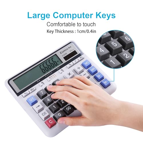 Comix Desktop Calculator Solar Battery Dual Power with 12-Digit Large LCD Display and Large Computer Keys Standard Function Calculator for Home Office School, White