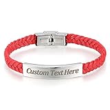GAGAFEEL Leather Classic Braided Rope Bracelet Custom Engraved Message Stainless Steel Bangle Unisex Gift (Red leather)