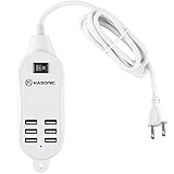 USB Charger 6 Port 5 Feet Cord, Kasonic Universal 6A 25W Portable Hub Desktop Wall Charging Multi Port Rapid Adapter with Switch (White-182)